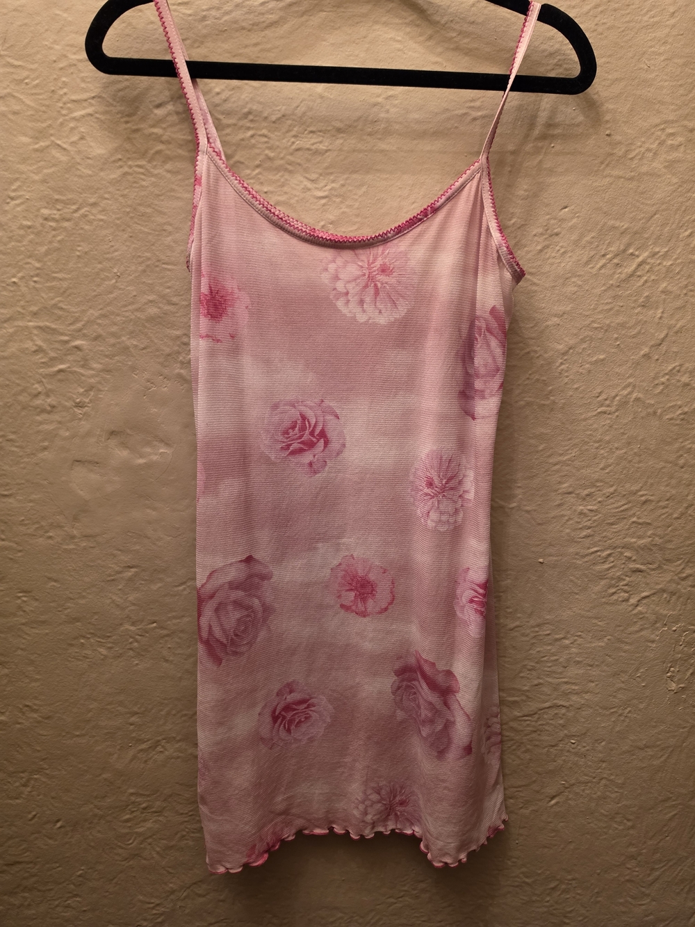 Y2K Pink Floral Mesh Slip Dress Sheer Stretch Cami Mini Fairy Grunge